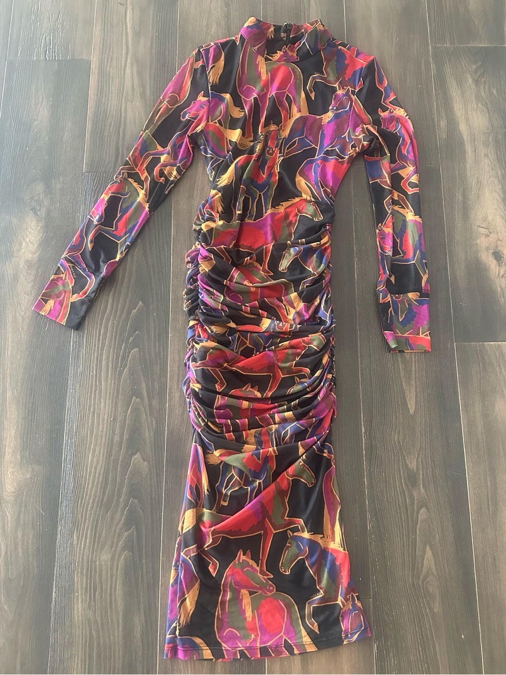 Long Sleeve Ruched Midi Dress in Wild horses print